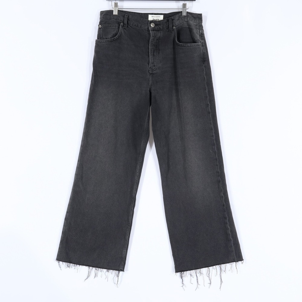 Reformation Fawcett Jean Women 31 Black Wide Leg Raw Hem High Rise Grunge Crop